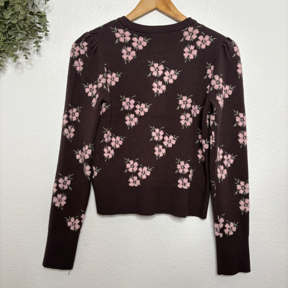 Forward Young Contemporary Brown Floral Puff Sleeve Button Cardigan Sweater M - Picture 6 of 6